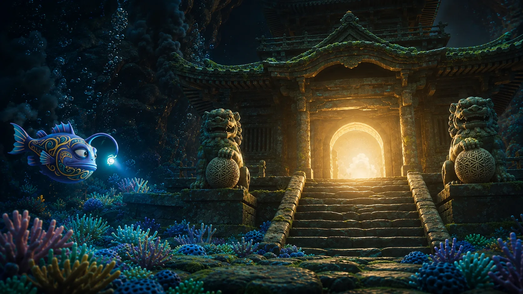 The sunken temple of Fantasea — stone guardians flanking a lit gateway